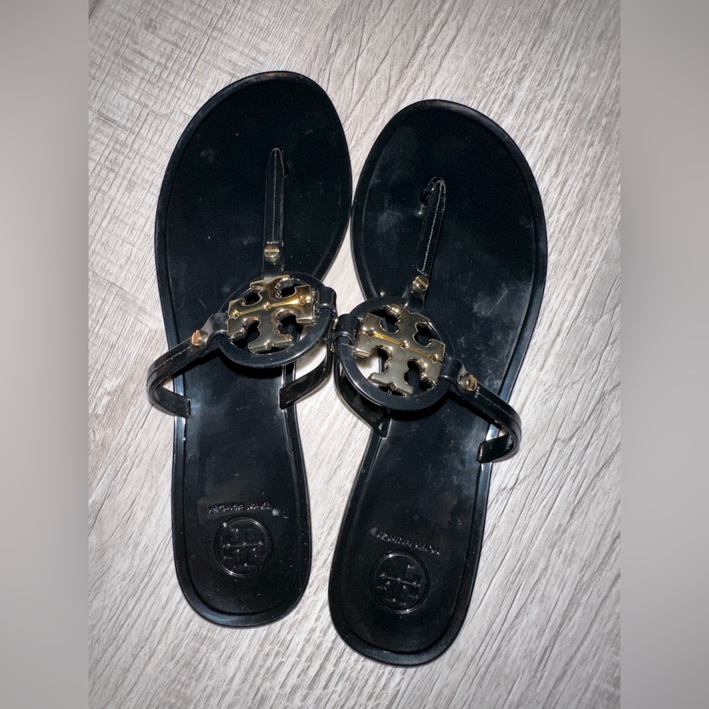 Tory Burch Black Jelly Logo Thong Sandals with Gold Accents